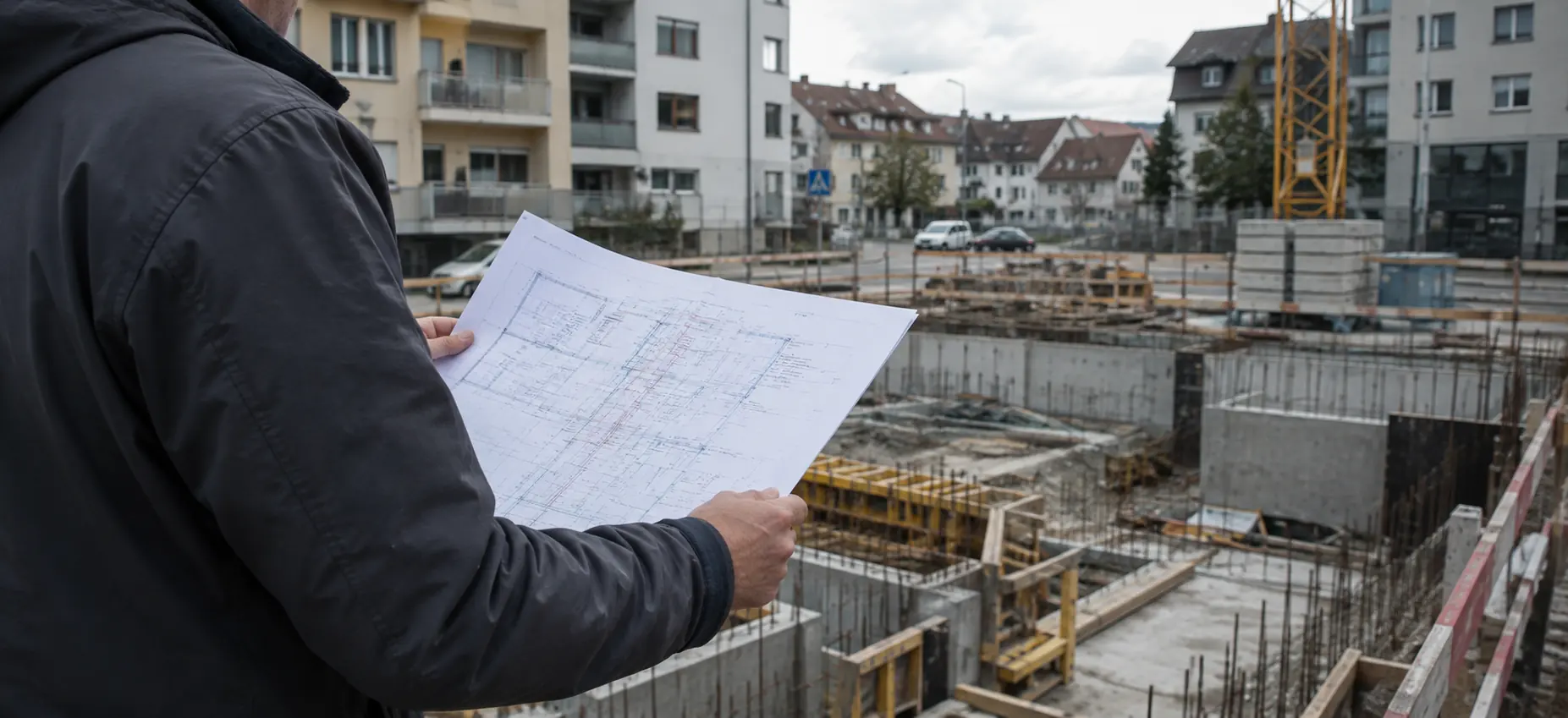 Fachplaner auf einer Baustelle, mit einem Plan in der Hand, vor Fundamentaushub und Schalung
