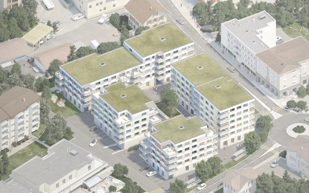 Luftansicht des Dorfhof & Post Zentrums in Biberist